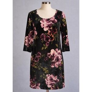 Ronni Nicole Women Black Floral Velvet 3/4 Sleeve Shift Dress Size 8